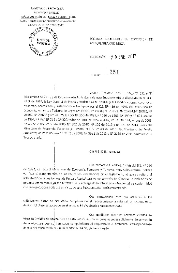 Res. Ex. N° 251-2017 Rechaza solicitudes de concesión de acuicultura que indica.