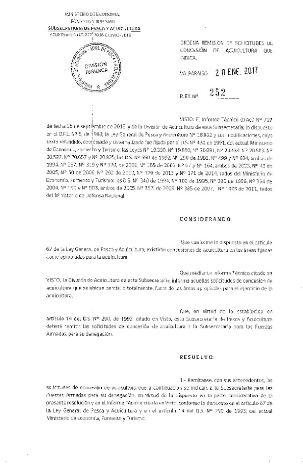 Res. Ex. N° 252-2017 Orden remisión de solicitudes de concesión de acuicultura que indica.