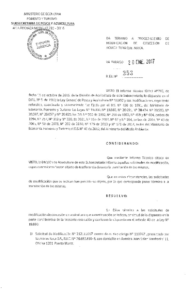 Res. Ex. N° 253-2016 Da termino a procedimiento de modificación de concesión de acuicultura que indica.