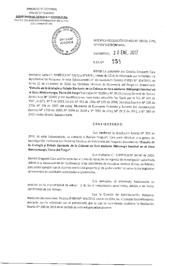 Res. Ex. N° 258-2017 Modifica Res. Ex. N° 380-2016 Estudio de la ecología y estado de la colonia de foca elefante, Tierra del Fuego.