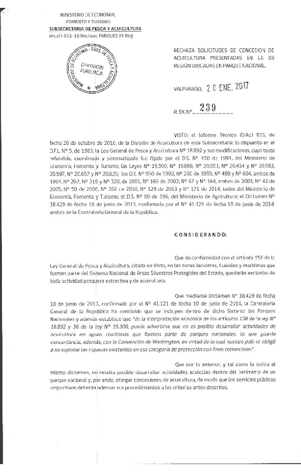 Res. Ex. N° 239-2017 Rechaza solicitudes de concesión de acuicultura presentadas en la XII Región.
