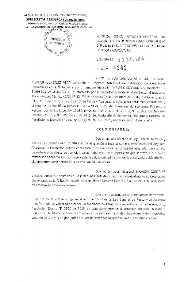 Res. Ex. N° 4262-2016 Autoriza cesión crustáceos demersales IV Región.