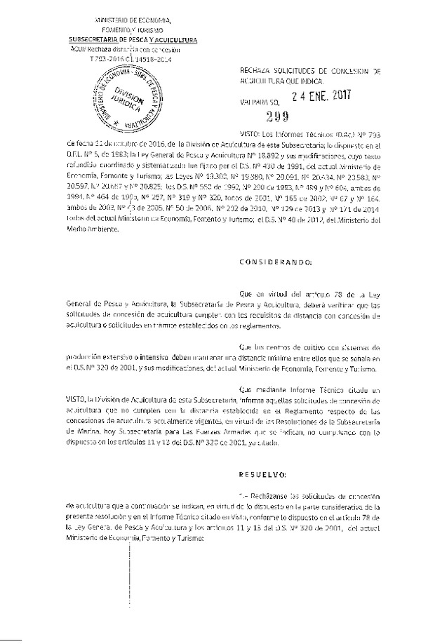 Res. Ex. N° 299-2017 Rechaza solicitudes de concesión de acuicultura que indica.