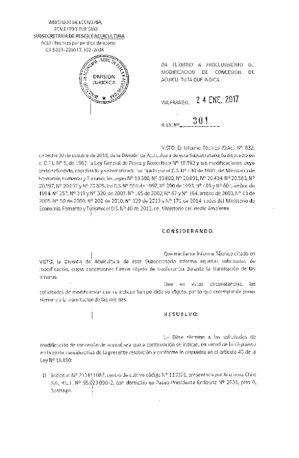 Res. Ex. N° 301-2017 Da termino a procedimiento de modificación de concesión de acuicultura que indica