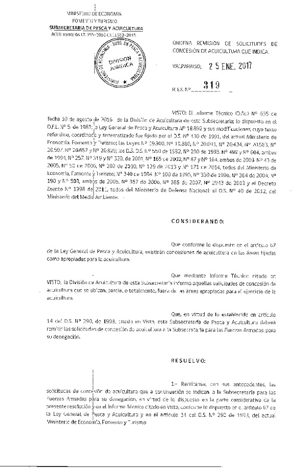 Res. Ex. N° 319-2017 Ordena remisión de solicitudes de concesión de acuicultura.