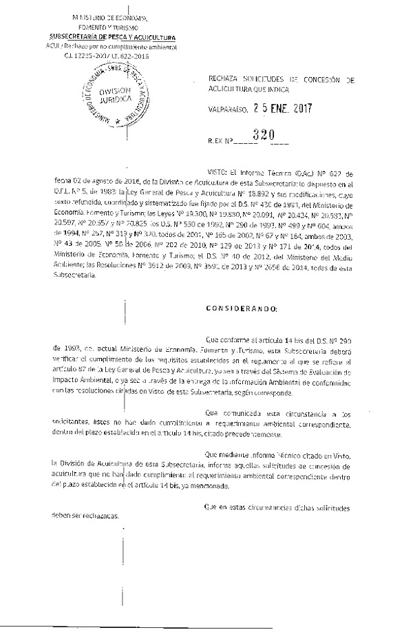 Res. Ex. N° 320-2017 Rechaza solicitudes de concesión de acuicultura que indica.