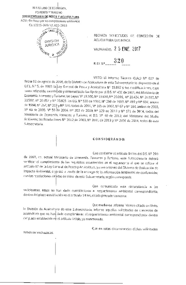 Res. Ex. N° 320-2017 Rechaza solicitudes de concesión de acuicultura que indica.