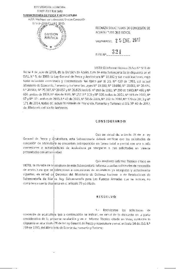 Res. Ex. N° 321-2017 Rechaza solicitudes de concesión de acuicultura que indica.