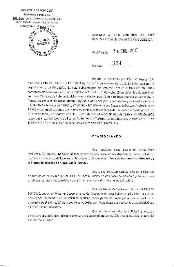 Res. Ex. N° 324-2017 Línea de base marina afluente de la Planta de Proceso de algas, Bahía Pargua.