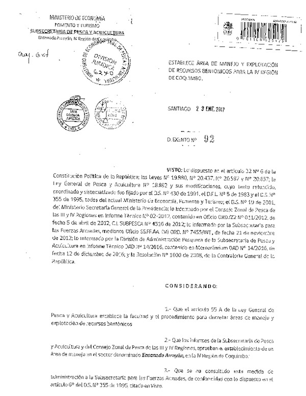 Dec. Ex. N° 92-2017 Establece Área de Manejo y Explotación de Recursos Bentónicos Ensenada Arrayán, IV Región. (F.D.O. 27-01-2017)