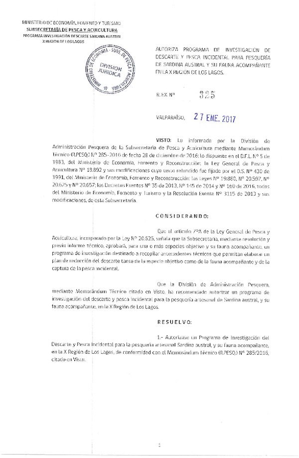 Res. Ex. N° 325-2017 Autoriza Programa de Investigación de Descarte y Pesca Incidental para Pesquería de Sardina Austral y su Fauna Acompañante, en la X Región. (Publicado en Página Web 27-01-2015)