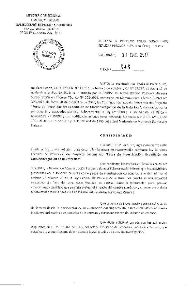 Res. Ex. N° 343-2017 Pesca de investigación Expedición de circunnavegación de la Antártica.