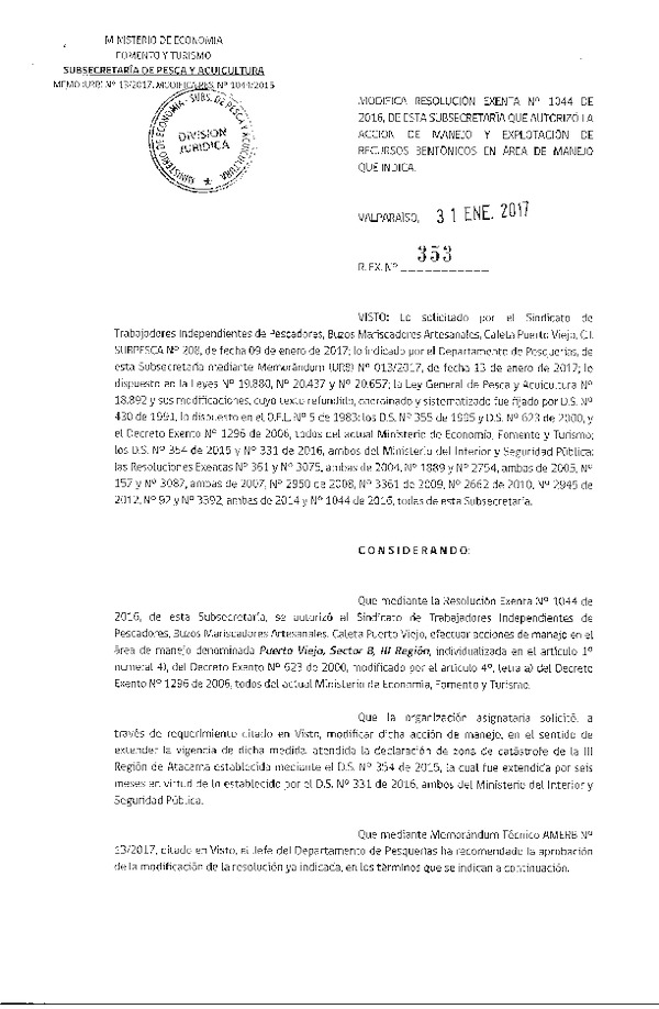 Res. Ex. Nº 353-2017 Modifica Res. Ex. N° 1044-2016.