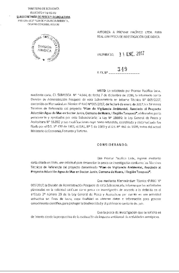 Res. Ex. Nº 349-2017 Plan de vigilancia ambiental, comuna de Huara, I Región.