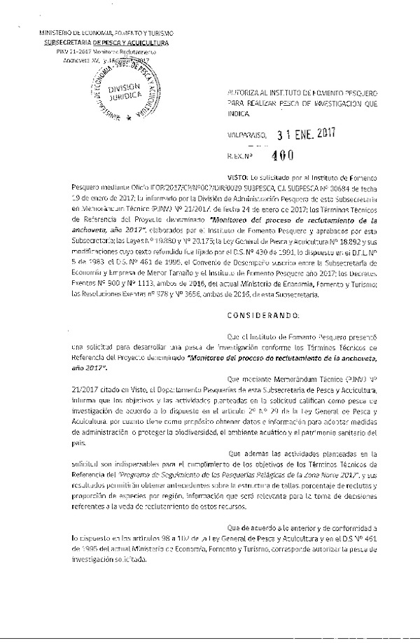 Res. Ex. N° 400-2017 Monitoreo del proceso de reclutamiento de de la anchoveta de la XV-I-II Regiones, año 2017.