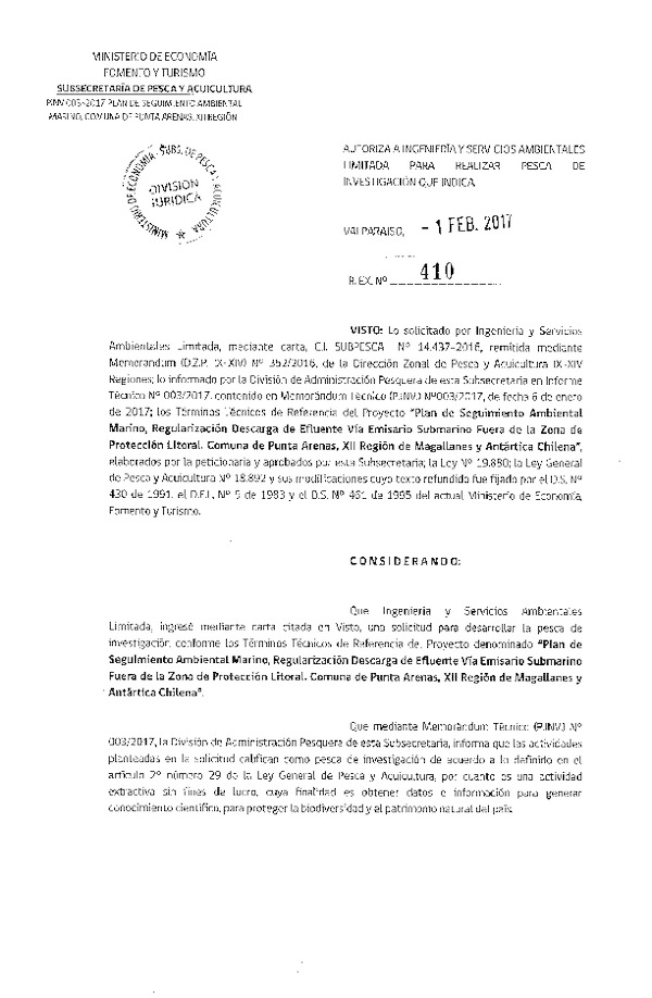 Res. Ex. N° 410-2017 Plan de seguimiento ambiental marino, XII Región.