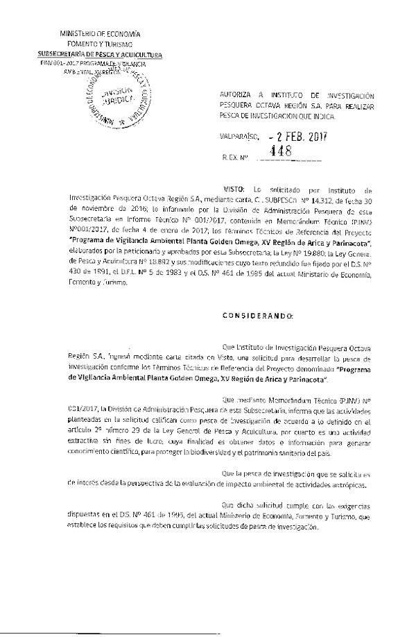 Res. Ex. N° 448-2017 Programa de vigilancia ambiental, XV Región.