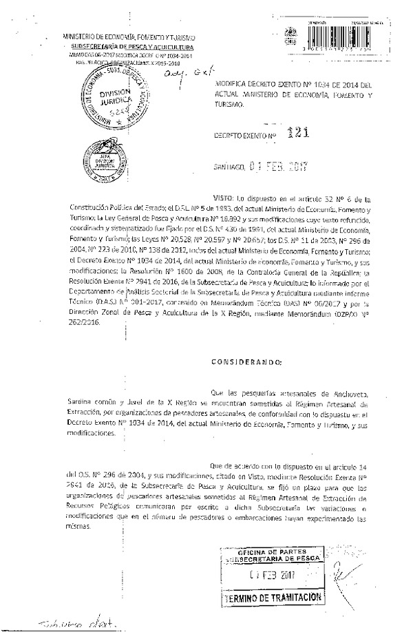 Dec. Ex. N° 121-2017 Modifica Dec. Ex. N° 1034-2014 Establece Régimen Artesanal de Extracción por Organización para la Pesquería Artesanal de Sardina común, Anchoveta y Jurel en la X Región. (Publicado en Página Web 03-02-2017)