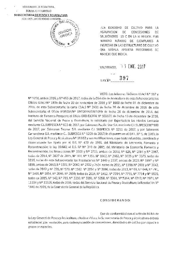 Res. Ex. N° 397-2017 Fija densidad de cultivo para la Agrupación de concesiones de Salmónidos 18 C en la XI Región. (Publicado en Página Web 03-02-2017)