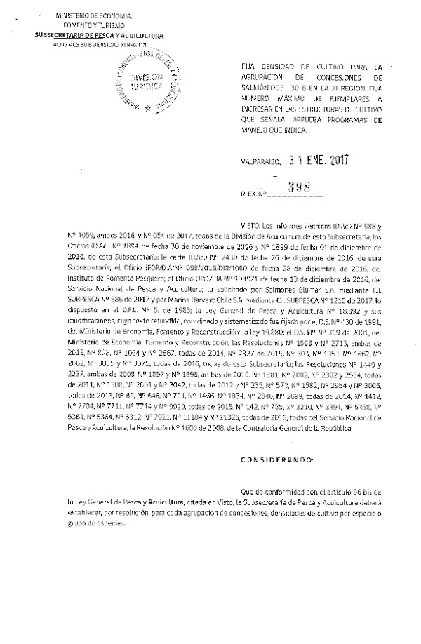 Res. Ex. N° 398-2017 Fija densidad de cultivo para la Agrupación de concesiones de Salmónidos 30 B en la XI Región. (Publicado en Página Web 03-02-2017)