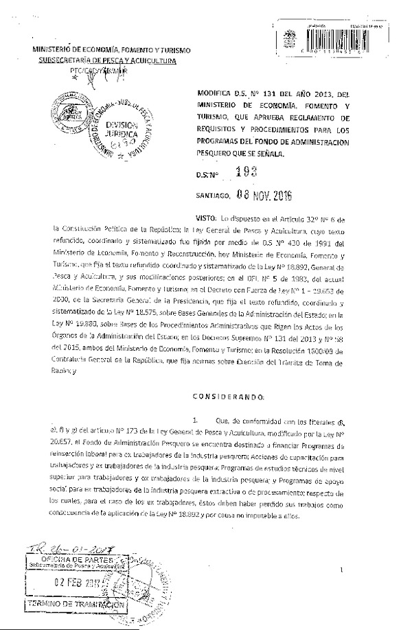 D.S. N° 193-2016 Modifica D.S. Nº 131-2013, Aprueba Reglamento de Requisitos y Procedimientos para los Programas del Fondo de Administración Pesuqero que señala. (Publicado en Página Web 03-02-2017)