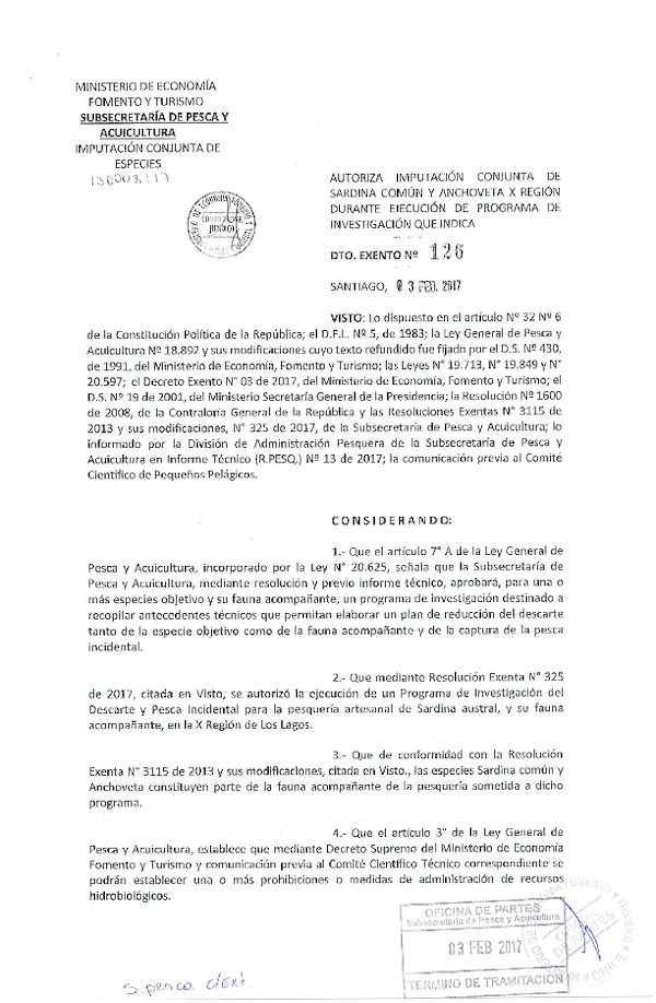 Dec. Ex. N° 126-2017 Autoriza Imputación Conjunta de Sardina Común y Anchoveta X Regigón, Durante Ejecución de Programa de Investigación que Indica. (Publicado en Página Web 03-02-2017)