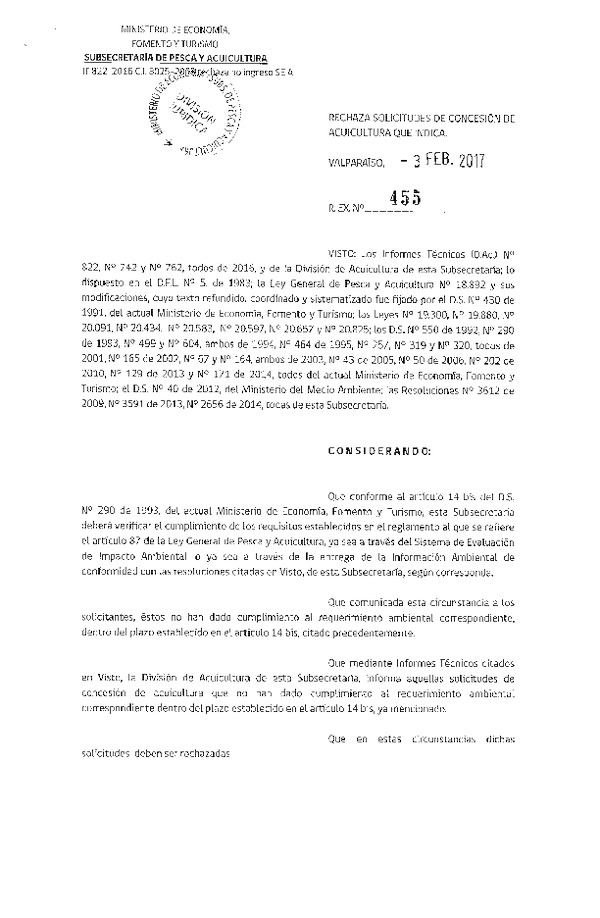 Res. Ex. N° 455-2017 Rechaza solicitudes de concesión de acuicultura que indica.