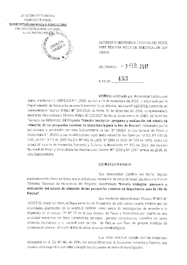 Res. Ex. N° 453-2017 Estudio biológico-pesquero Isla de Pascua.