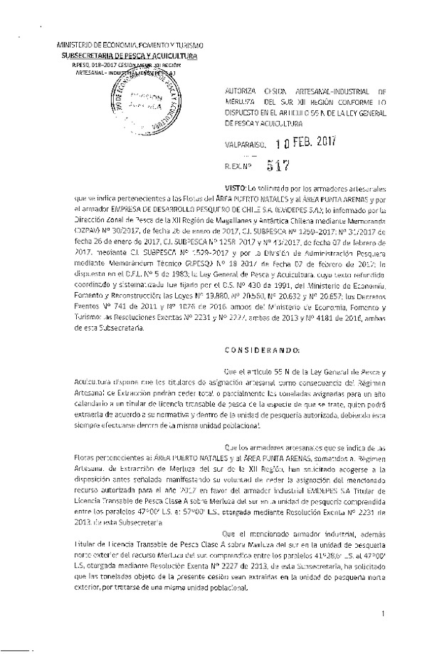 Res. Ex. N° 517-2017 Autoriza cesión Artesanal-Industrial de merluza del sur XII región conforme lo dispuesto en el Artículo 55 N de la Ley General de Pesca y Acuicultura (Publicado en Página Web 10-02-2017)
