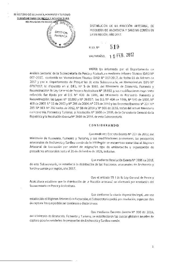 Res. Ex. N° 519-2017 Distribución de la fracción Artesanal de Pesquería de Anchoveta y Sardina común en la VIII región, año 2017 (Publicado en Página Web 10-02-2017)