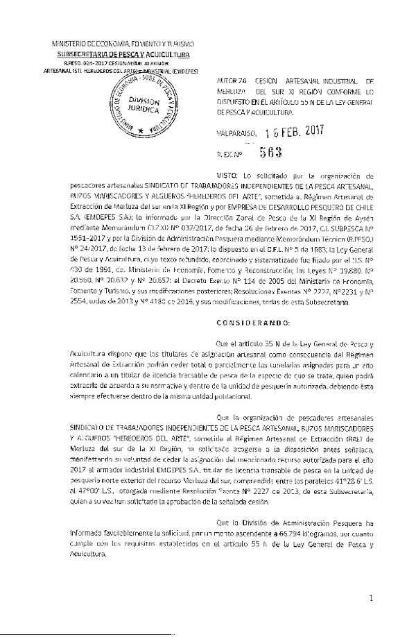 Res. Ex. N° 563-2017 Autoriza cesión Artesanal-Industrial de merluza del sur XI región conforme lo dispuesto en el Artículo 55 N de la Ley General de Pesca y Acuicultura (Publicado en Página Web 16-02-2017)