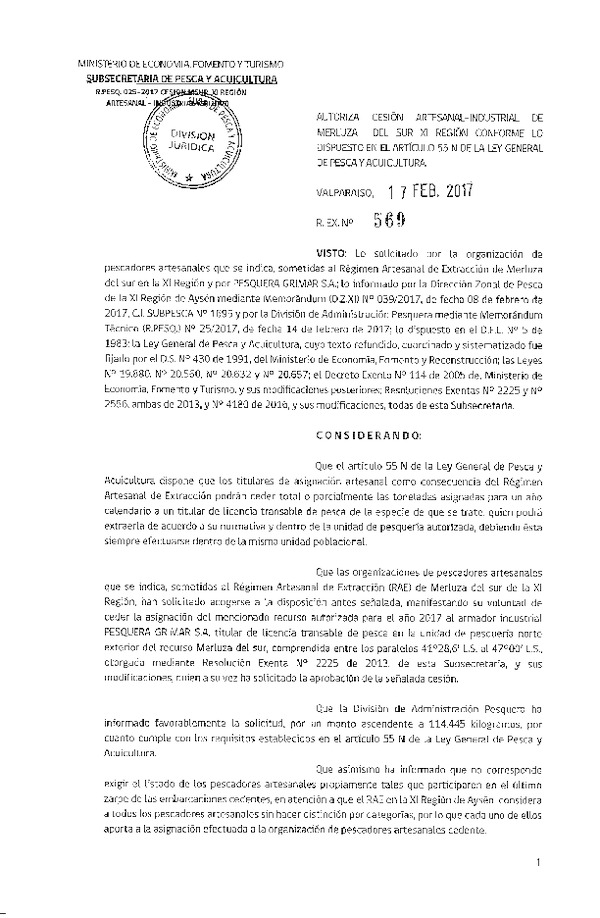 Res. Ex. N° 569-2017 Autoriza cesión Artesanal-Industrial de merluza del sur XI Región conforme lo dispuesto en el Artículo 55 N de la Ley General de Pesca y Acuicultura (Publicado en Página Web 17-02-2017)