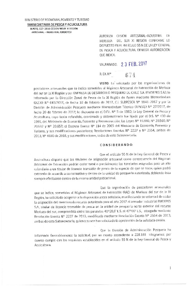 Res. Ex. N° 674-2017 Autoriza cesión Artesanal-Industrial de merluza del sur XI región conforme lo dispuesto en el Artículo 55 N de la Ley General de Pesca y Acuicultura. Deniega autorización que indica (Publicado en Página Web 24-02-2017)