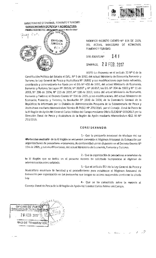  Dec. Ex. N° 141-2017 Modifica Dec. Ex. N° 114-2005 Establece Régimen Artesanal de Extracción por Organización para la Pesquería Artesanal de Merluza delo sur en la XI Región. (Publicado en Página Web 24-02-2017)