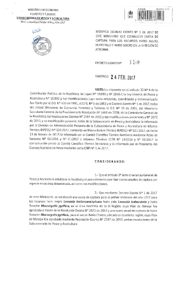 Dec. Ex. N° 150-2017 Modifica Dec. Ex. N° 1-2017 de este Ministerio que estableció Cuota de Captura para los Recursos Huiro Negro, Huiro Palo y Huiro Macro en la III Región de Atacama. (Publicado en Página web 25-02-2017)