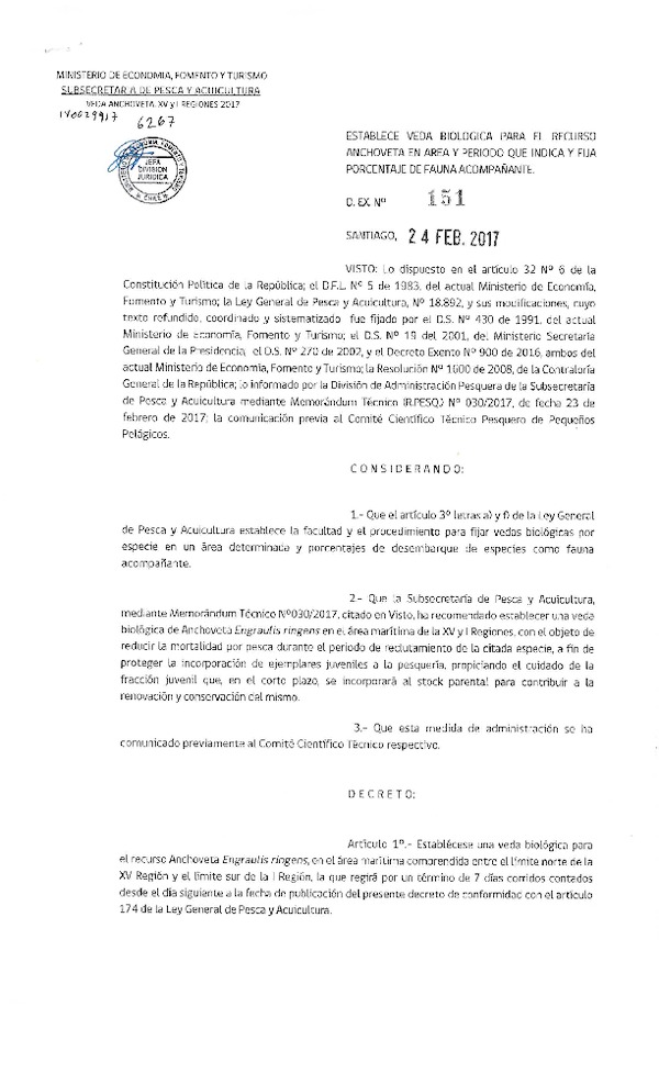 Dec. Ex. N° 151-2017 Establece Veda Biológica para el Recurso Anchoveta en area y periodo que indica y fija porcentaje de fauna acompañante. (Publicado en Página Web 25-02-2017)