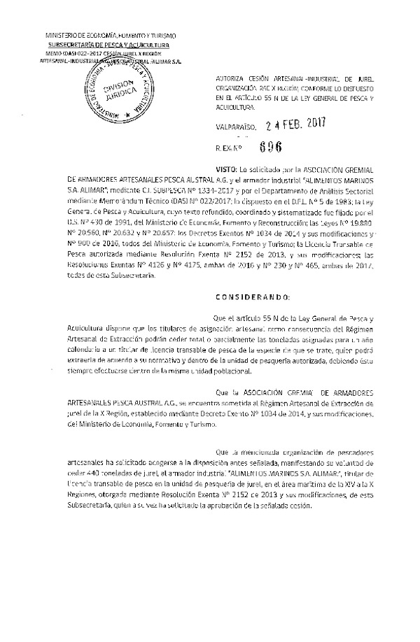 Res. Ex. N° 696-2017 Autoriza cesión jurel, X Región.