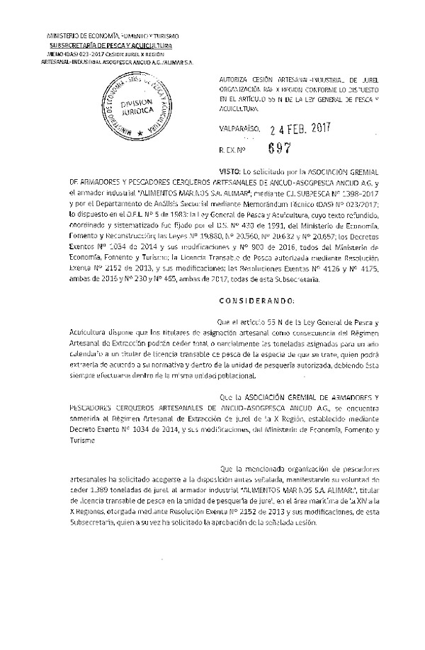 Res. Ex. N° 697-2017 Autoriza cesión jurel, X Región.
