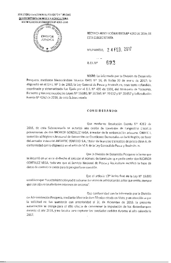 Res. Ex. N° 692-2017 Rectifica Res. Ex. N° 4262-2016 Autoriza cesión crustáceos demersales IV Región.