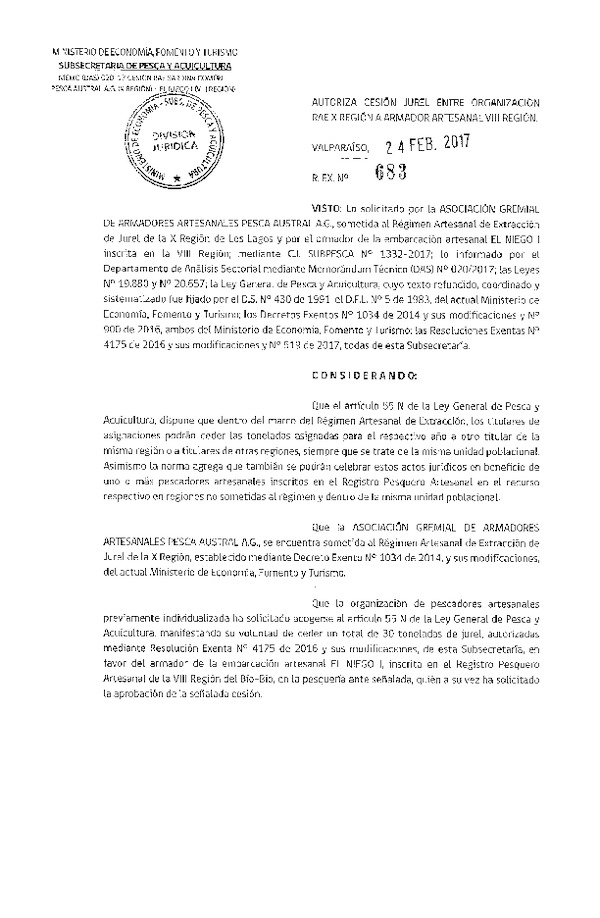 Res. Ex. N° 683-2017 Autoriza Cesión jurel, X a VIII Región.