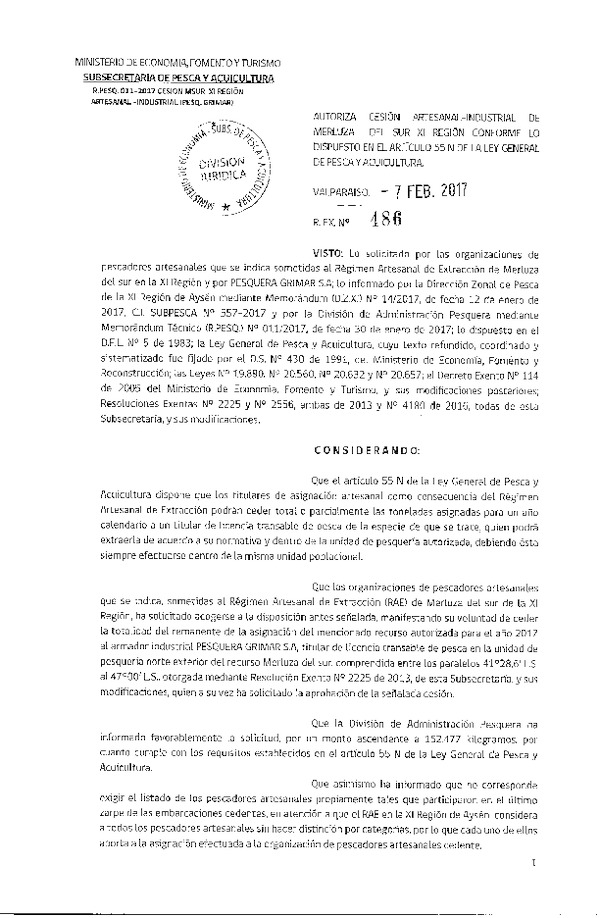 Res. Ex. N° 486-2017 Cesión Merluza del sur XI Región.