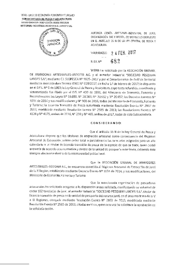 Res. Ex. N° 682-2017 Autoriza cesión jurel, X Región.