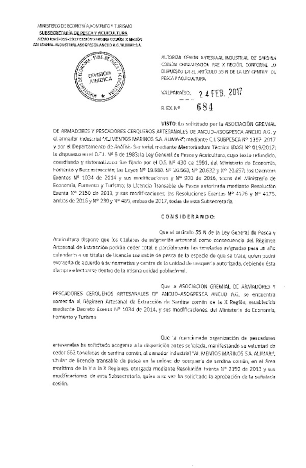 Res. Ex. N° 684-2017 Autoriza Cesión Sardina común X Región.