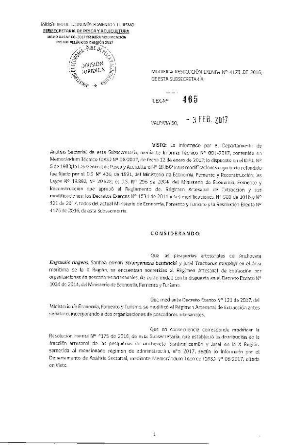 Res. Ex. N° 465-2017 Modifica Res. Ex. N° 4175-2016 Distribución de la Fracción Artesanal Pesquería de Anchoveta, Sardina Común y Jurel en la X Región.