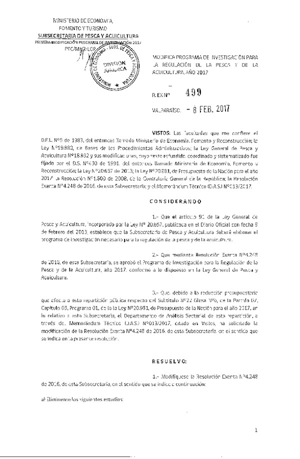 Res. Ex. N° 499-2017 Modifica Res. Ex. N° 4248-2016 Aprueba Programa de Investigación para la Regulación de la Pesca y Acuicultura, Año 2017.