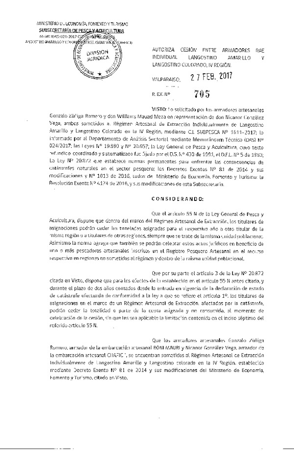 Res. Ex. N° 705-2017 Autoriza Cesión Langostino colorado y Langostino amarillo, IV Región.