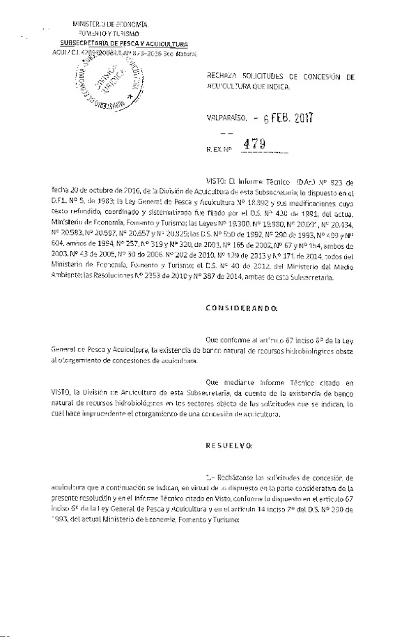 Res. Ex. N° 479-2017 Rechaza solicitudes de concesión de acuicultura que indica.