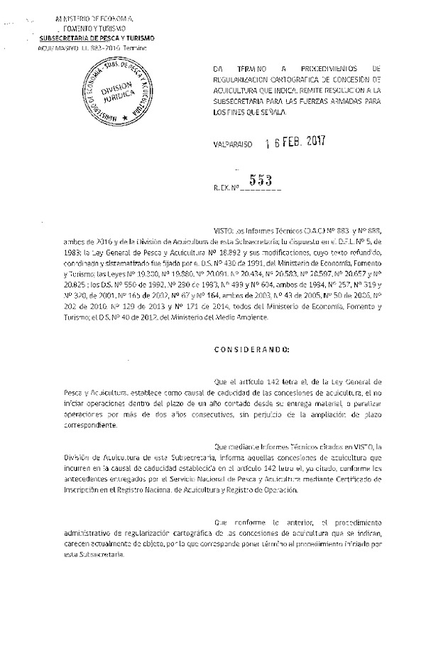 Res. Ex. N° 553-2017 Da termino a procedimiento de regularización cartográfica de concesión de acuicultura que indica.