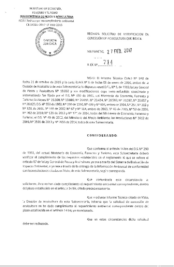 Res. Ex. N° 714-2017 Rechaza solicitud de modificación concesión de acuicultura que indica.