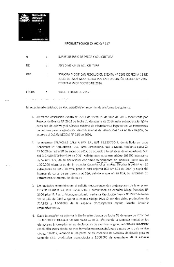 Informe Técnico (D.AC.) N° 117-2017 Solicita Modificación Res. Ex. N° 2263-2016.